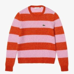 Lacoste Women's Alpaca Wool Blend Orange Pink Striped Crew Neck Sweater EUR 34